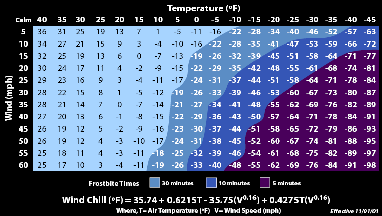 Wind Chill Reference Chart