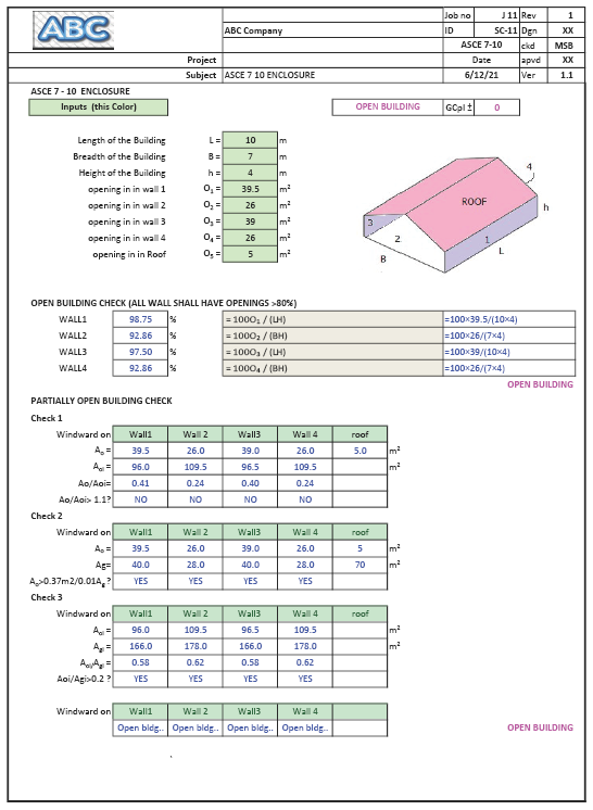 Partially Open Building Wind Loads ASCE 7-10 Spreadsheet Calculator
