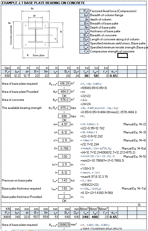 AISC Base Plate Compression Spreadsheet Calculator