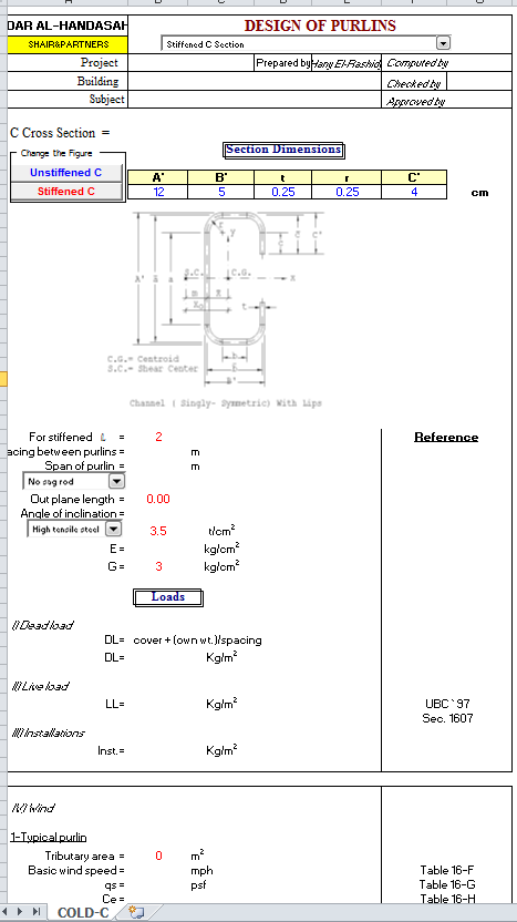 Design of C Purlins Spreadsheet Calculator