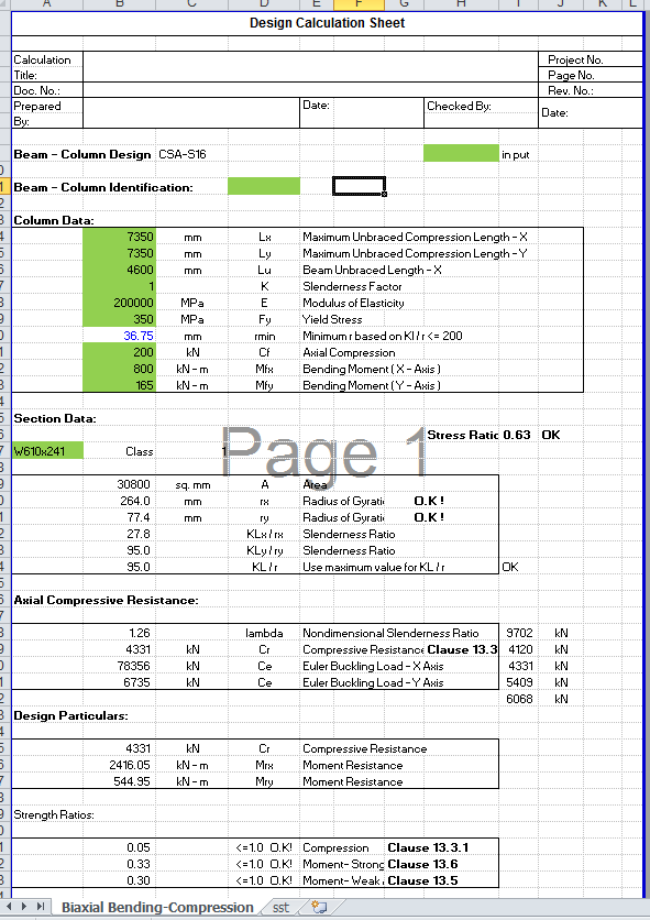 CSA Beam Column Design Spreadsheet Calculator