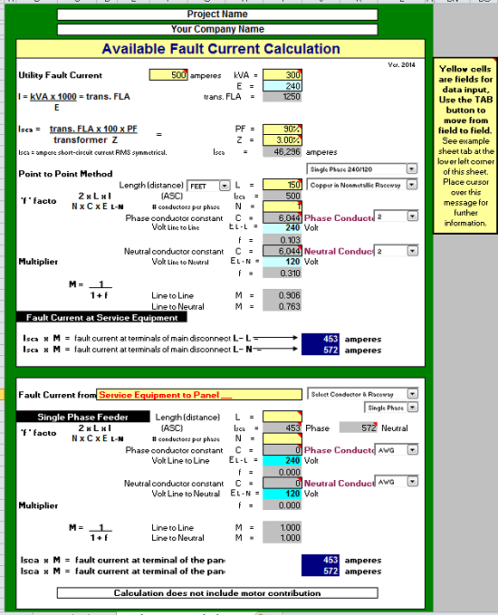 Available Fault Current Calculator Excel Spreadsheet