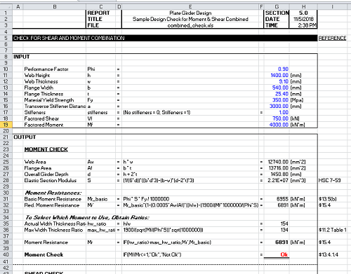 Plate Girder Design Spreadsheet Calculator Check for Moment and Shear Combined 
