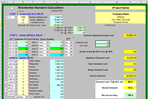 Residential Electrical Load and Requirements Calculations Spreadsheet 