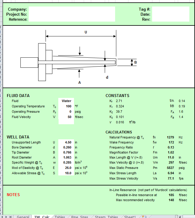 Thermowell Vibration Excel Calculator