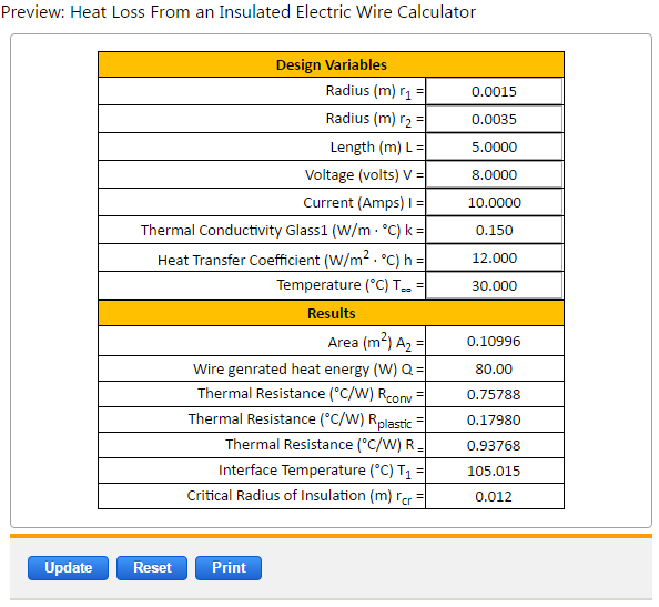 Heat Loss Insulated Electric Wire Equations and Calculator