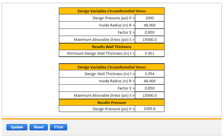 Thin Wall Pressure Vessels ASME Equation and Calculator